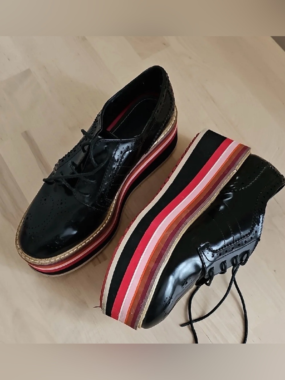Zara Black Patent Brogue Platform Shoes with Multicolor Striped Sole